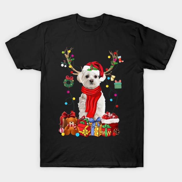 White Maltese Reindeer Santa Christmas Color Lights T-Shirt by cogemma.art